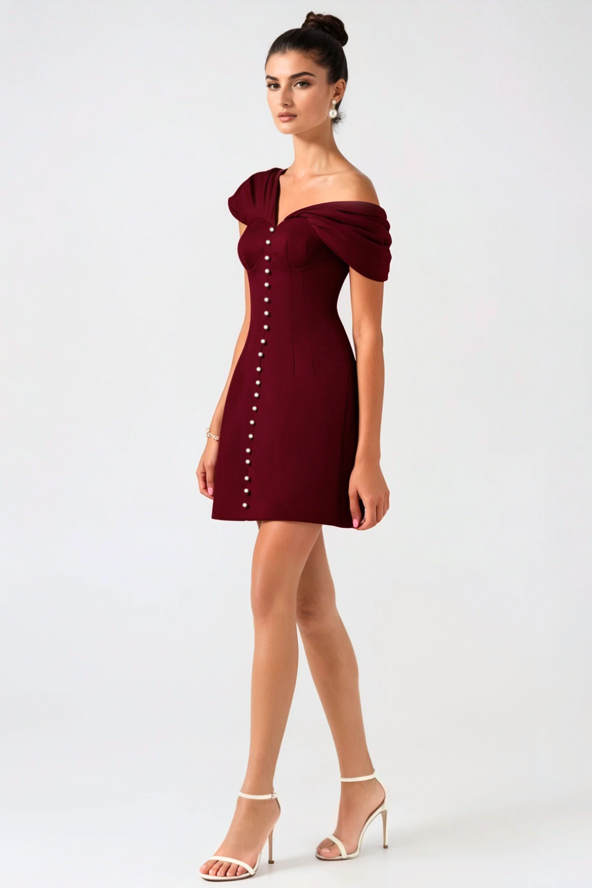 Luzasa Off Shoulder Buttoned Mini Dress - Wine