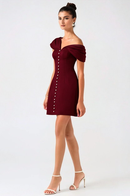 Luzasa Off Shoulder Buttoned Mini Dress - Wine