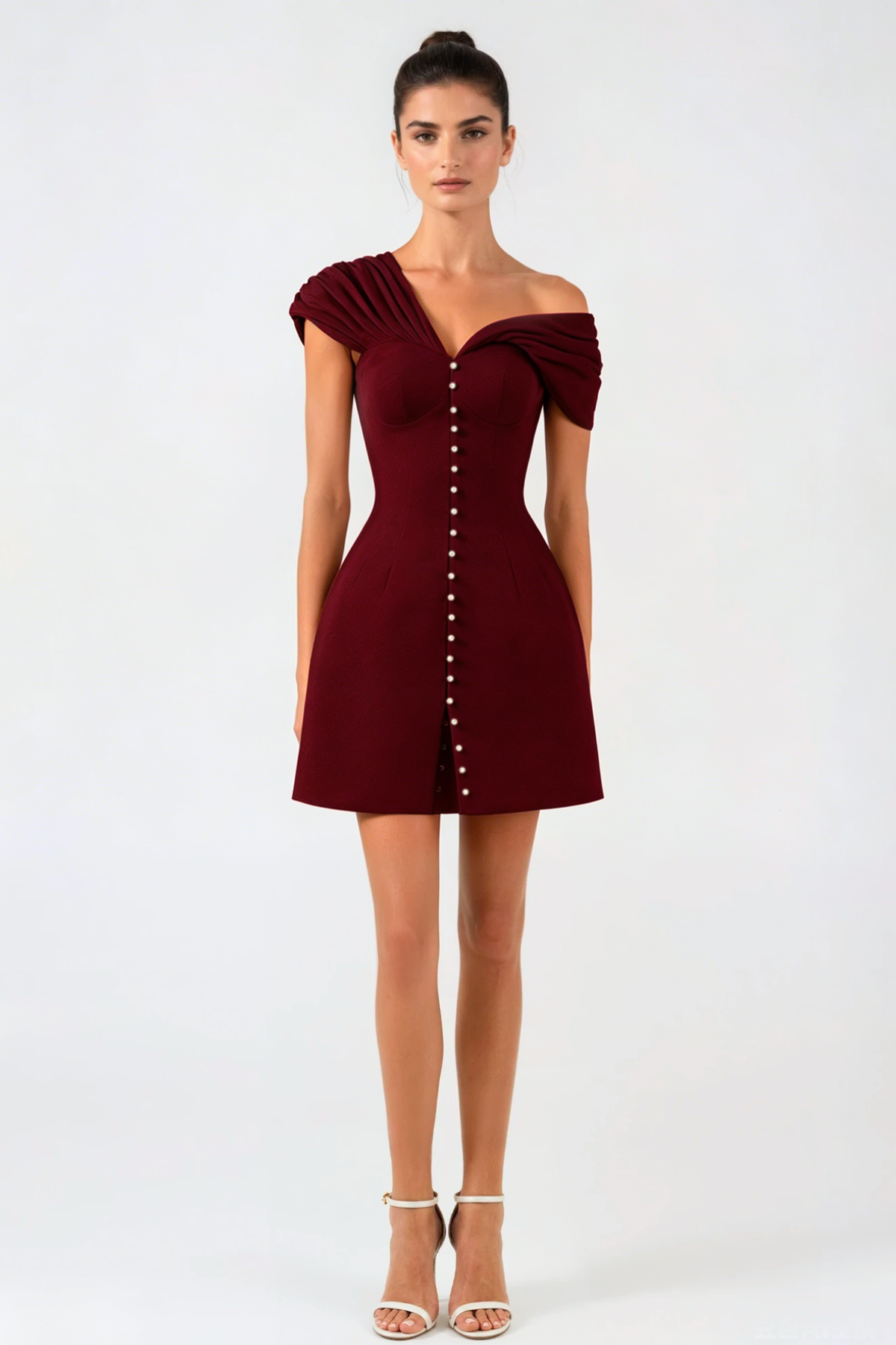 Luzasa Off Shoulder Buttoned Mini Dress - Wine
