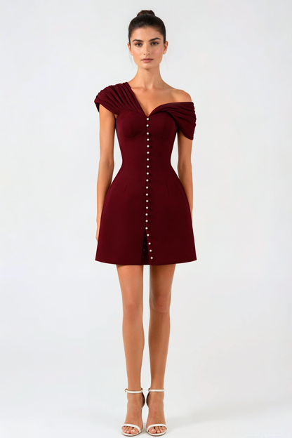 Luzasa Off Shoulder Buttoned Mini Dress - Wine