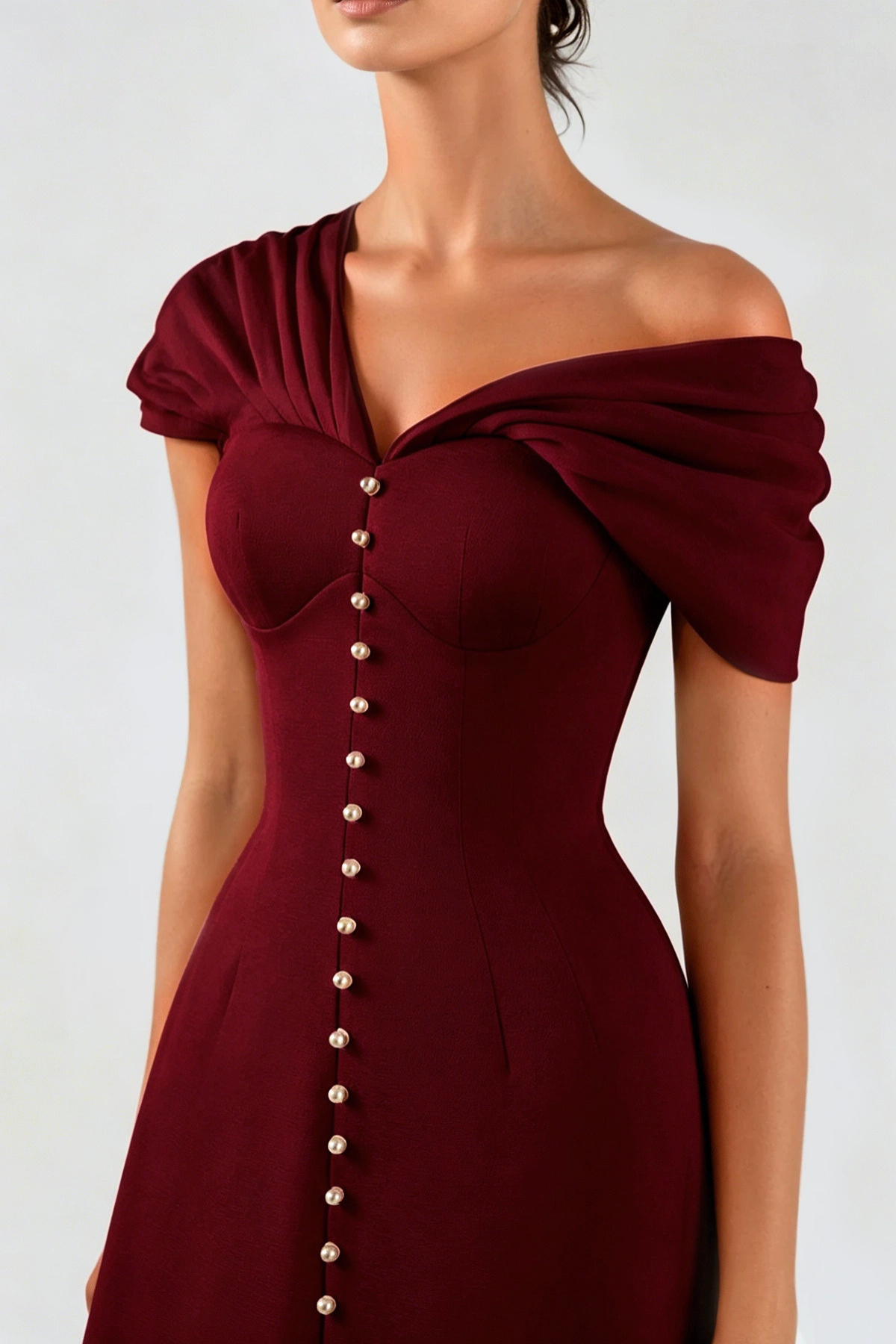 Luzasa Off Shoulder Buttoned Mini Dress - Wine