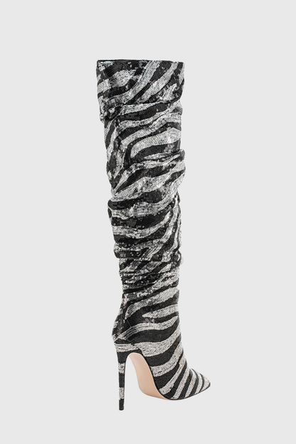 Lycan Zebra Sequin Ruched Knee High Boots