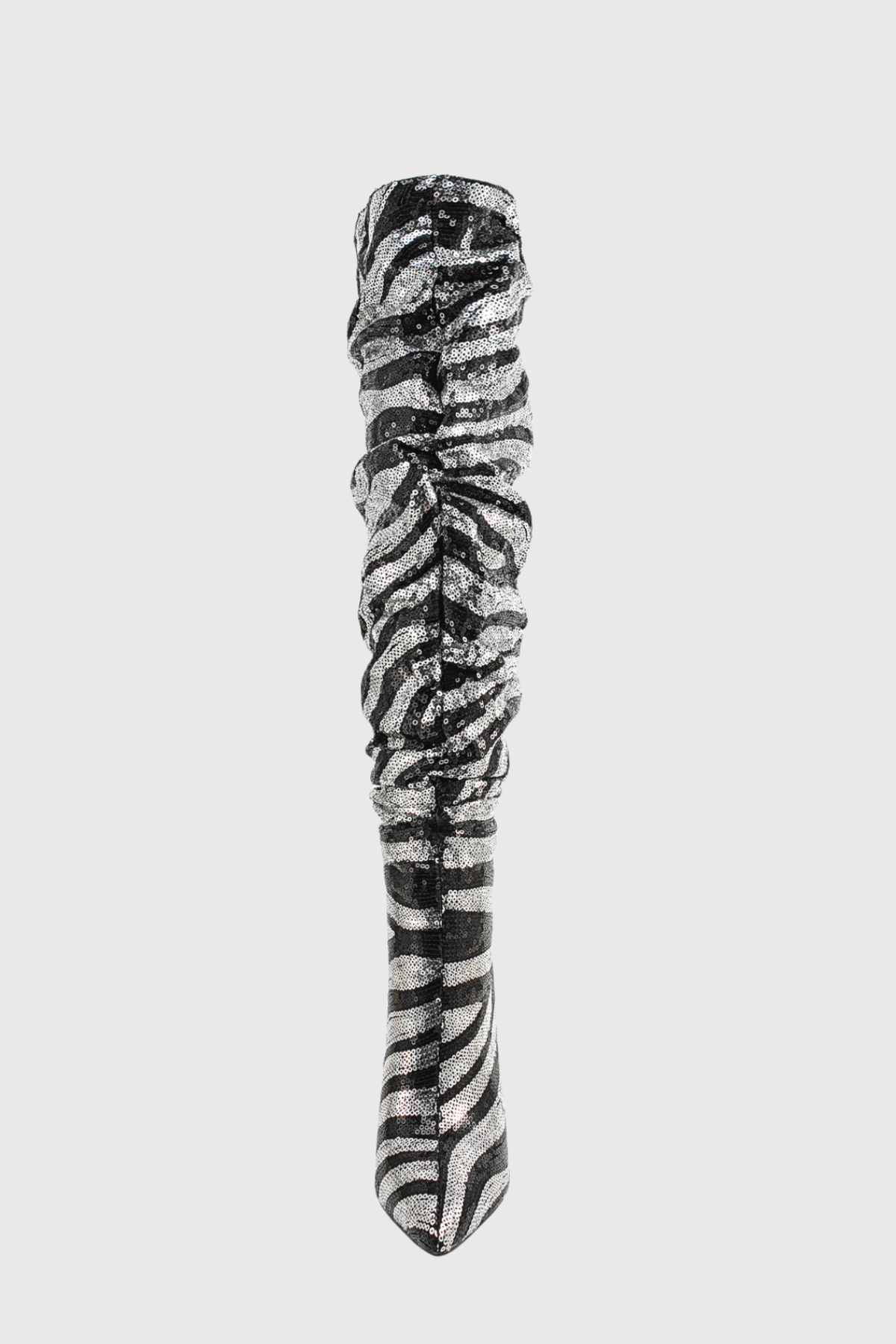 Lycan Zebra Sequin Ruched Knee High Boots