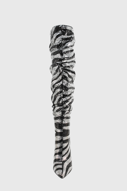 Lycan Zebra Sequin Ruched Knee High Boots