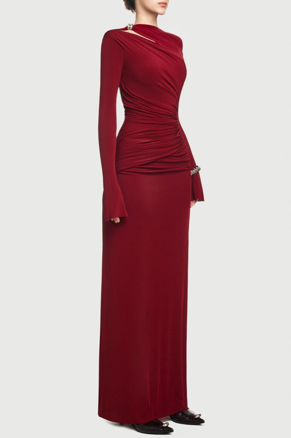 Lysander Asymmetrical Drape Cutout Maxi Dress - Wine