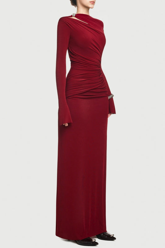 Lysander Asymmetrical Drape Cutout Maxi Dress - Wine
