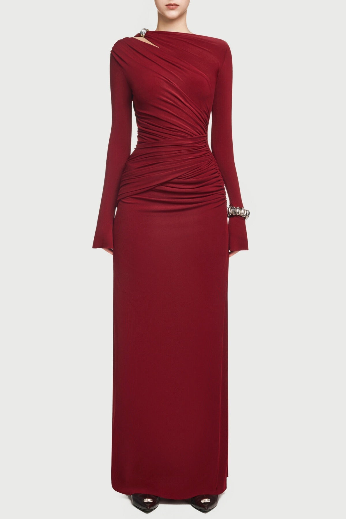 Lysander Asymmetrical Drape Cutout Maxi Dress - Wine