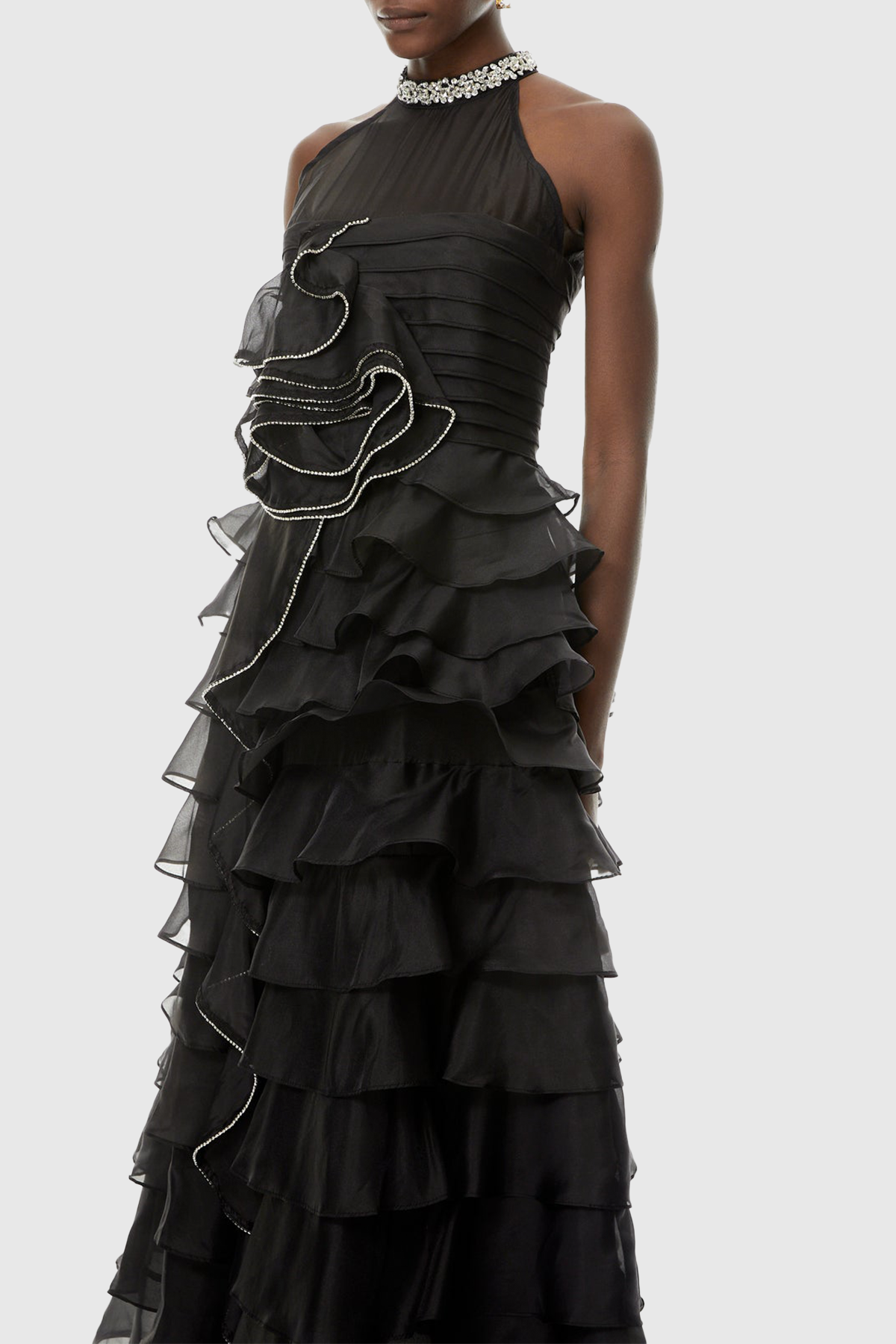 Lysses Floral Crystal Ruffle Sleeveless Maxi Dress - Black