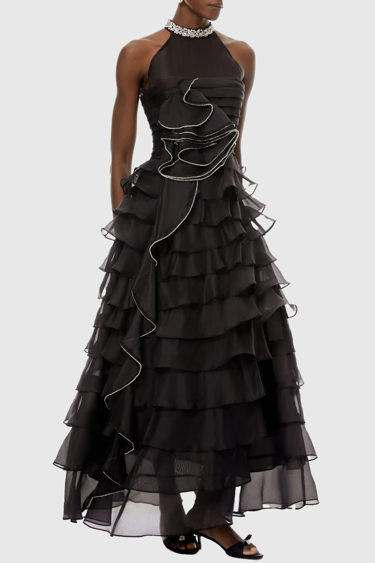 Lysses Floral Crystal Ruffle Sleeveless Maxi Dress - Black