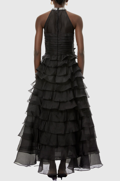 Lysses Floral Crystal Ruffle Sleeveless Maxi Dress - Black