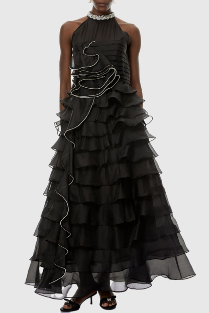 Lysses Floral Crystal Ruffle Sleeveless Maxi Dress - Black