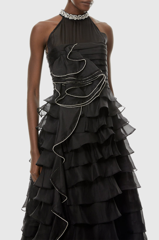 Lysses Floral Crystal Ruffle Sleeveless Maxi Dress - Black