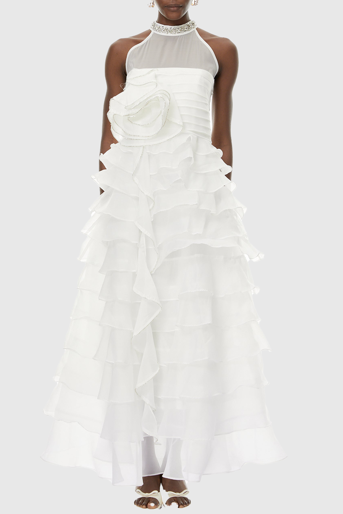 Lysses Floral Crystal Ruffle Sleeveless Maxi Dress - White