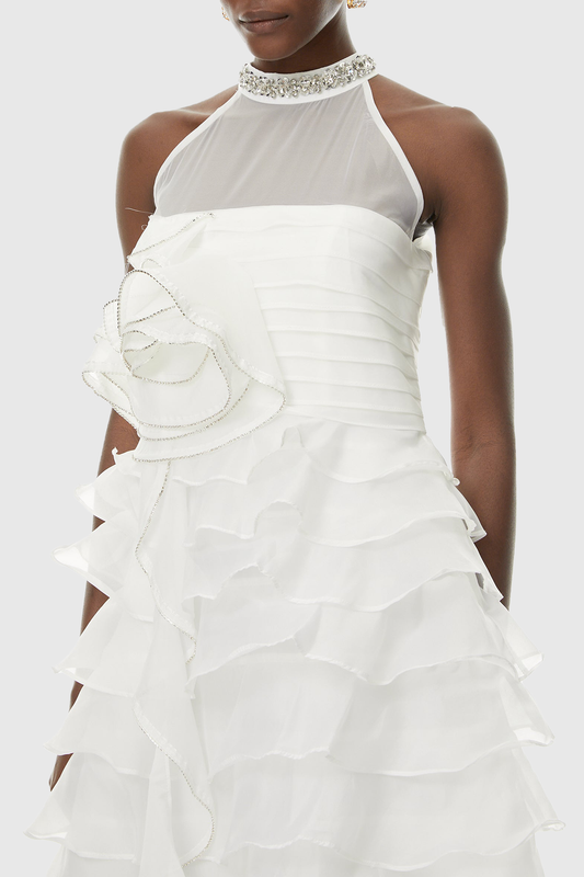 Lysses Floral Crystal Ruffle Sleeveless Maxi Dress - White