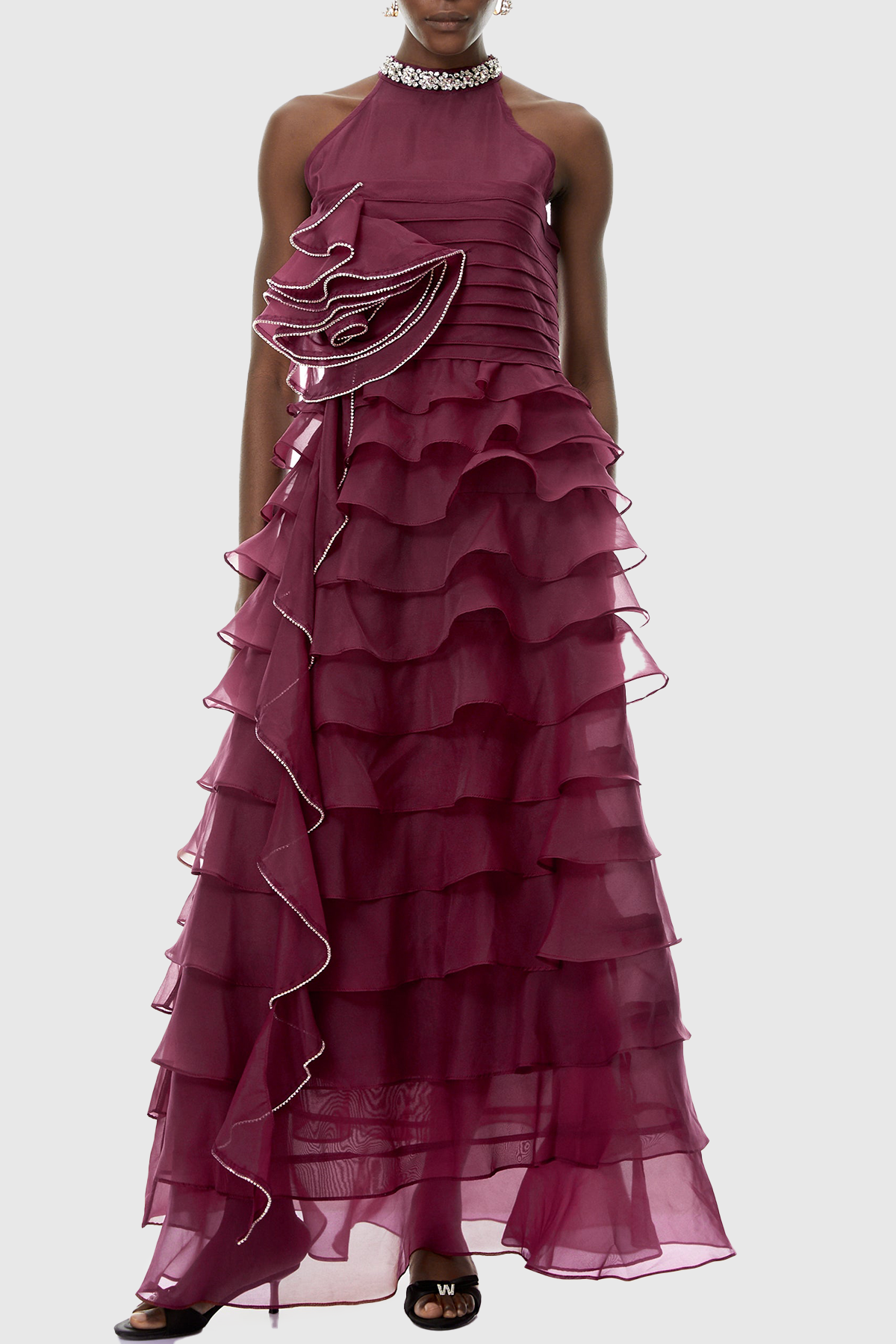Lysses Floral Crystal Ruffle Sleeveless Maxi Dress - Wine