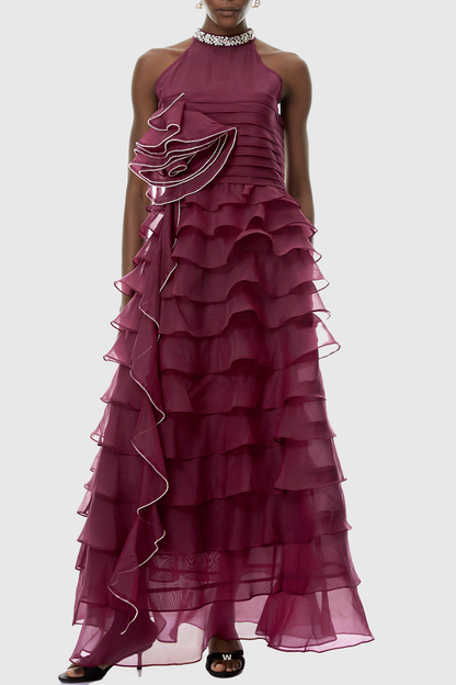Lysses Floral Crystal Ruffle Sleeveless Maxi Dress - Wine
