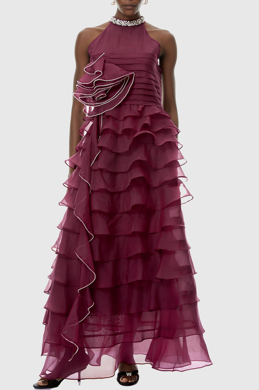 Lysses Floral Crystal Ruffle Sleeveless Maxi Dress - Wine