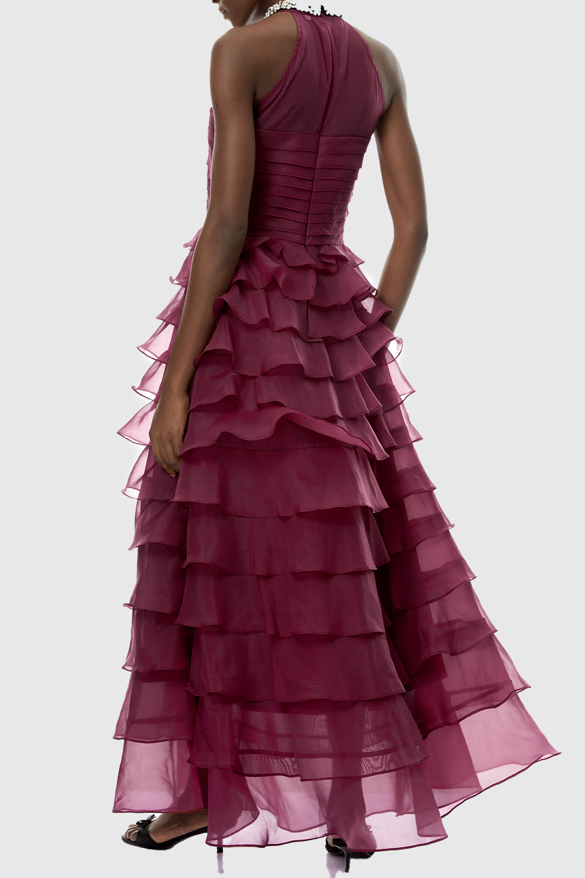 Lysses Floral Crystal Ruffle Sleeveless Maxi Dress - Wine