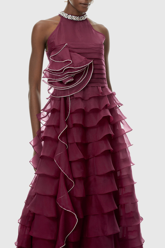 Lysses Floral Crystal Ruffle Sleeveless Maxi Dress - Wine