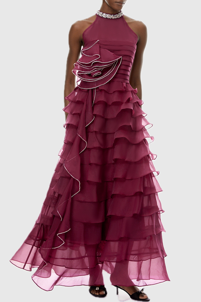 Lysses Floral Crystal Ruffle Sleeveless Maxi Dress - Wine