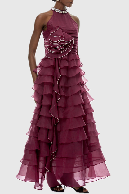 Lysses Floral Crystal Ruffle Sleeveless Maxi Dress - Wine