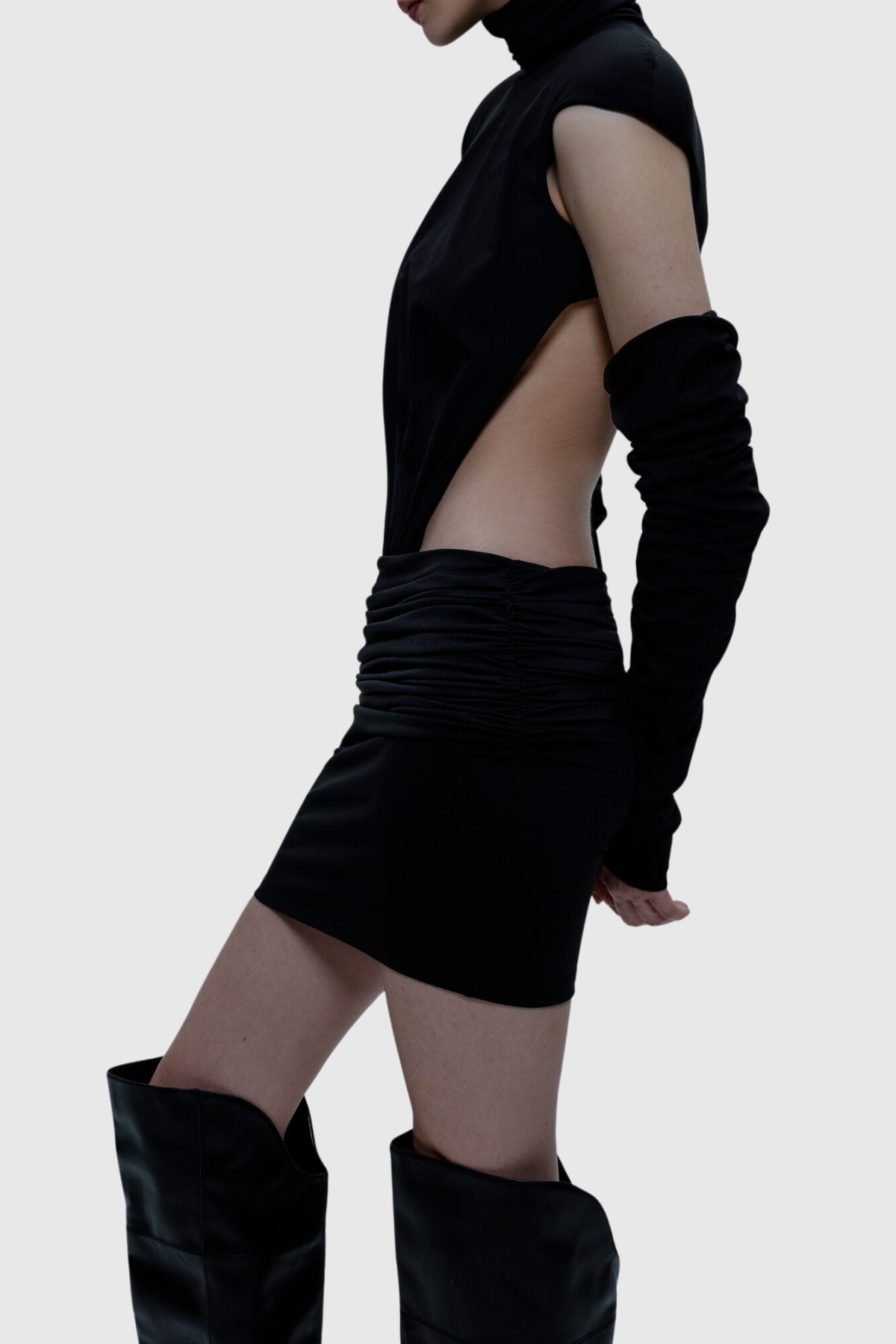 Macko High Neck Backless Ruched Mini Dress