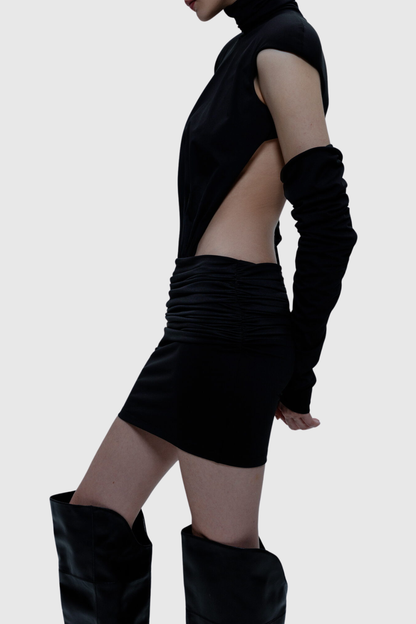 Macko High Neck Backless Ruched Mini Dress