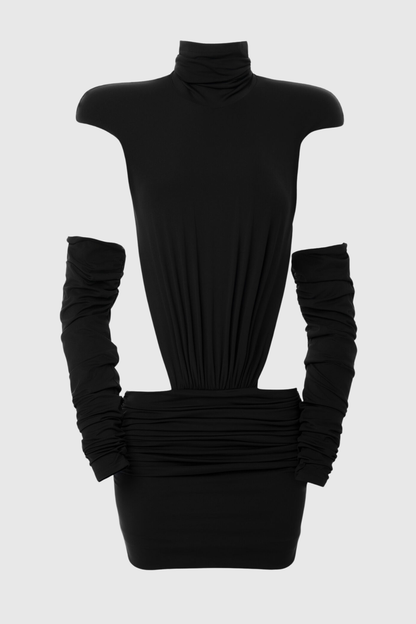 Macko High Neck Backless Ruched Mini Dress