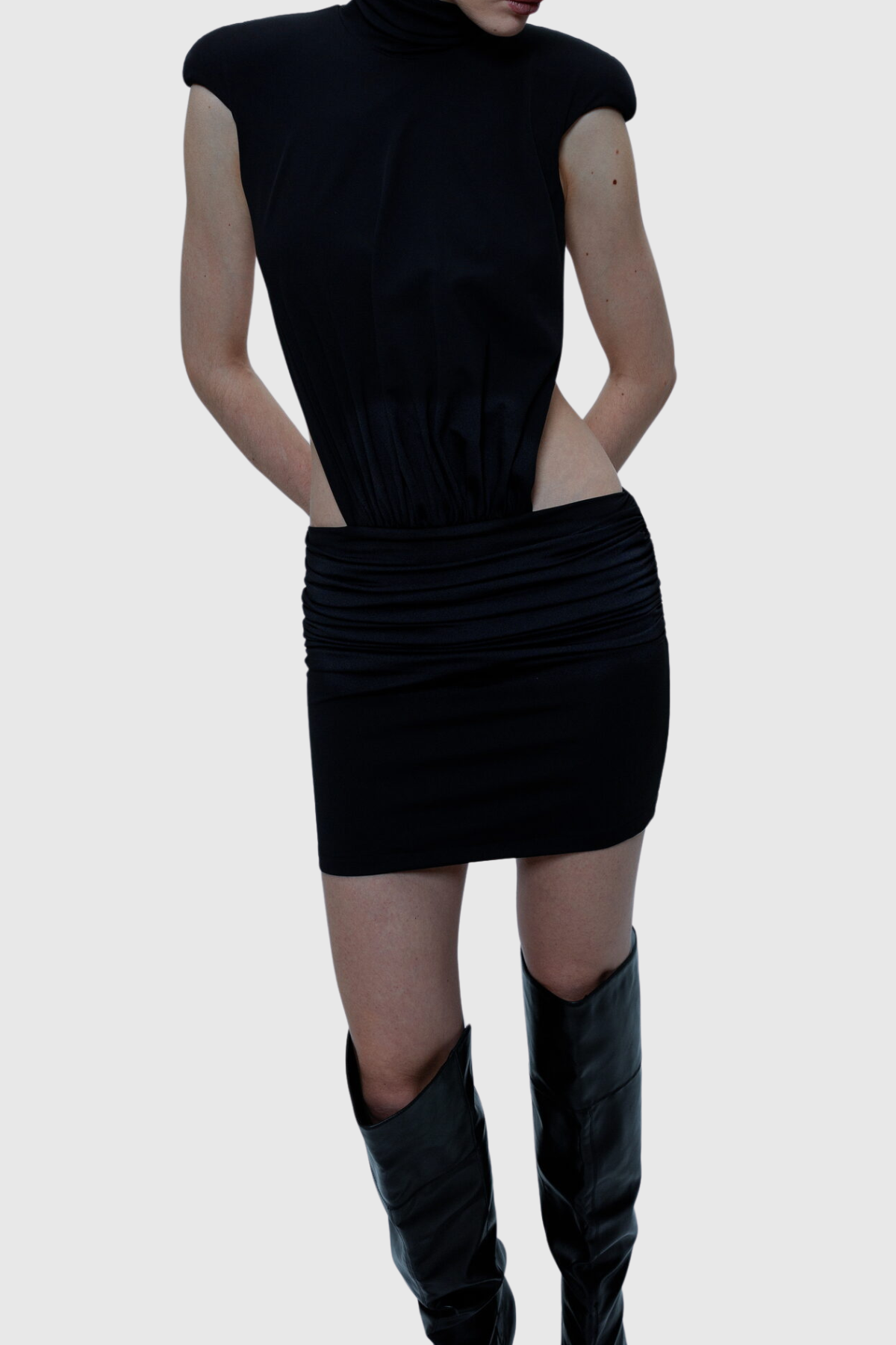 Macko High Neck Backless Ruched Mini Dress
