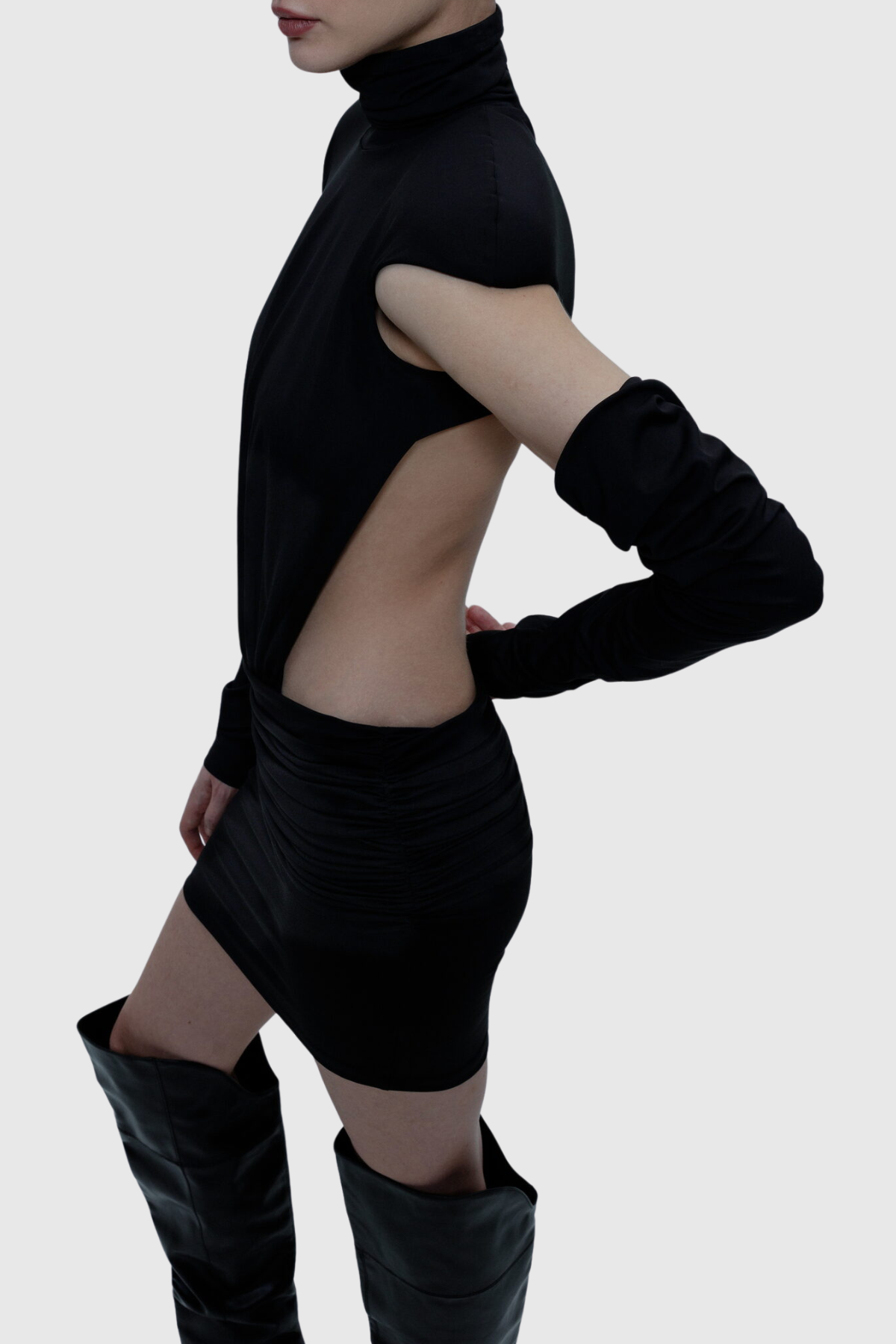 Macko High Neck Backless Ruched Mini Dress
