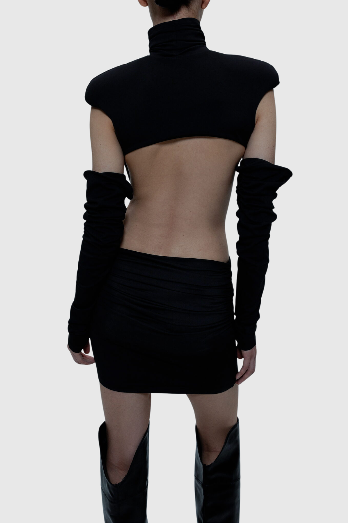Macko High Neck Backless Ruched Mini Dress