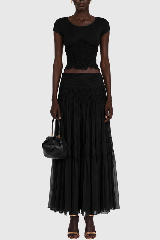 Maddie Lace Top & Panel Maxi Skirt Set - Black