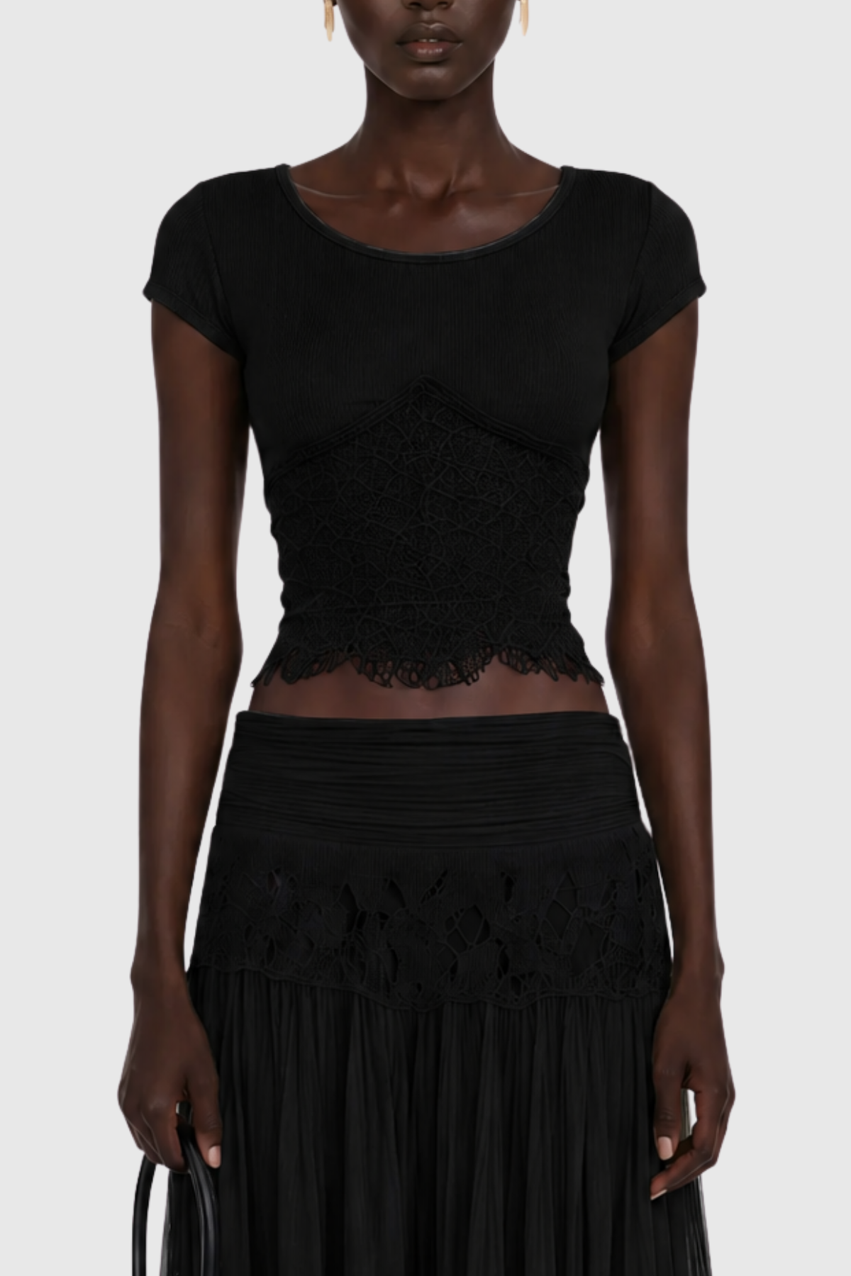 Maddie Lace Top & Panel Maxi Skirt Set - Black