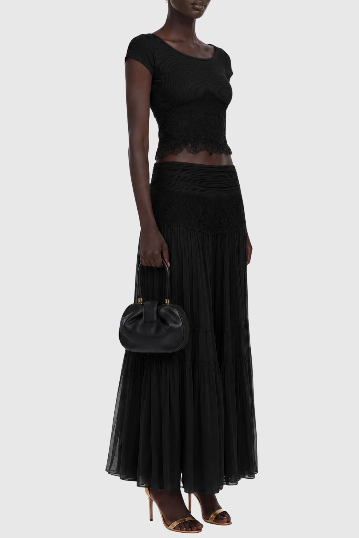Maddie Lace Top & Panel Maxi Skirt Set - Black