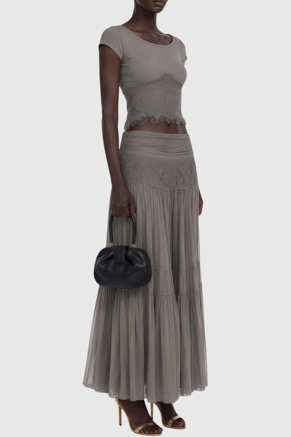 Maddie Lace Top & Panel Maxi Skirt Set - Grey