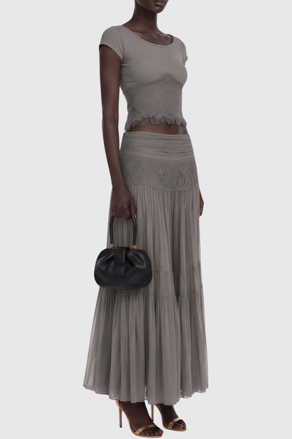 Maddie Lace Top & Panel Maxi Skirt Set - Grey