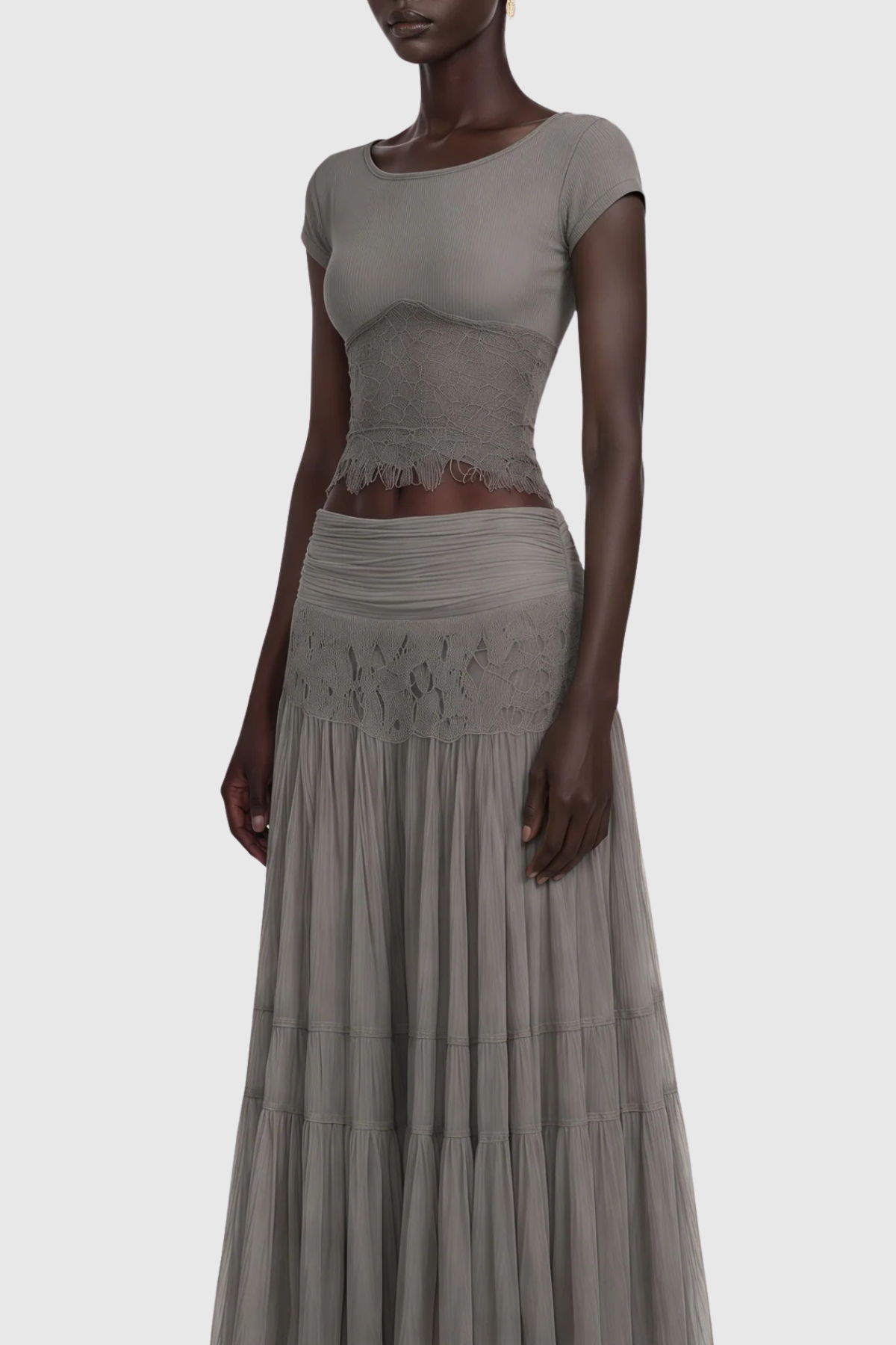 Maddie Lace Top & Panel Maxi Skirt Set - Grey