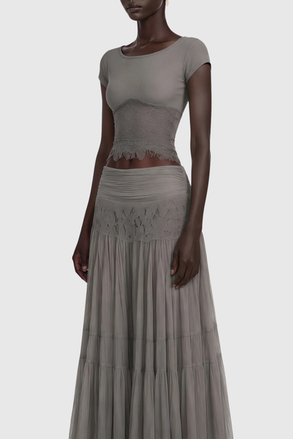 Maddie Lace Top & Panel Maxi Skirt Set - Grey