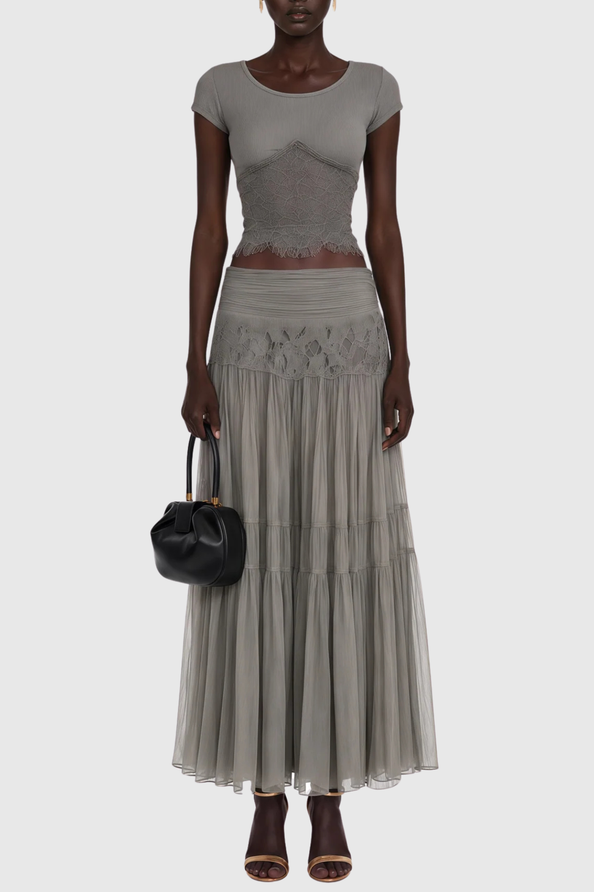 Maddie Lace Top & Panel Maxi Skirt Set - Grey