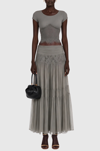 Maddie Lace Top & Panel Maxi Skirt Set - Grey