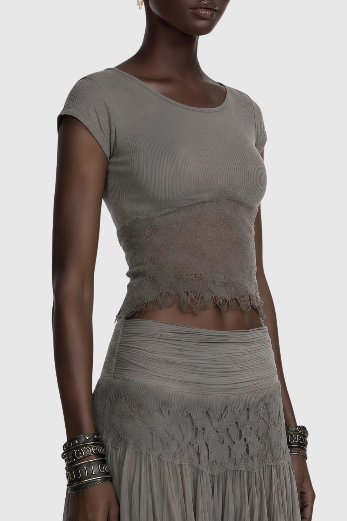 Maddie Lace Top & Panel Maxi Skirt Set - Grey
