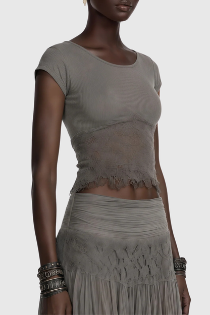 Maddie Lace Top & Panel Maxi Skirt Set - Grey