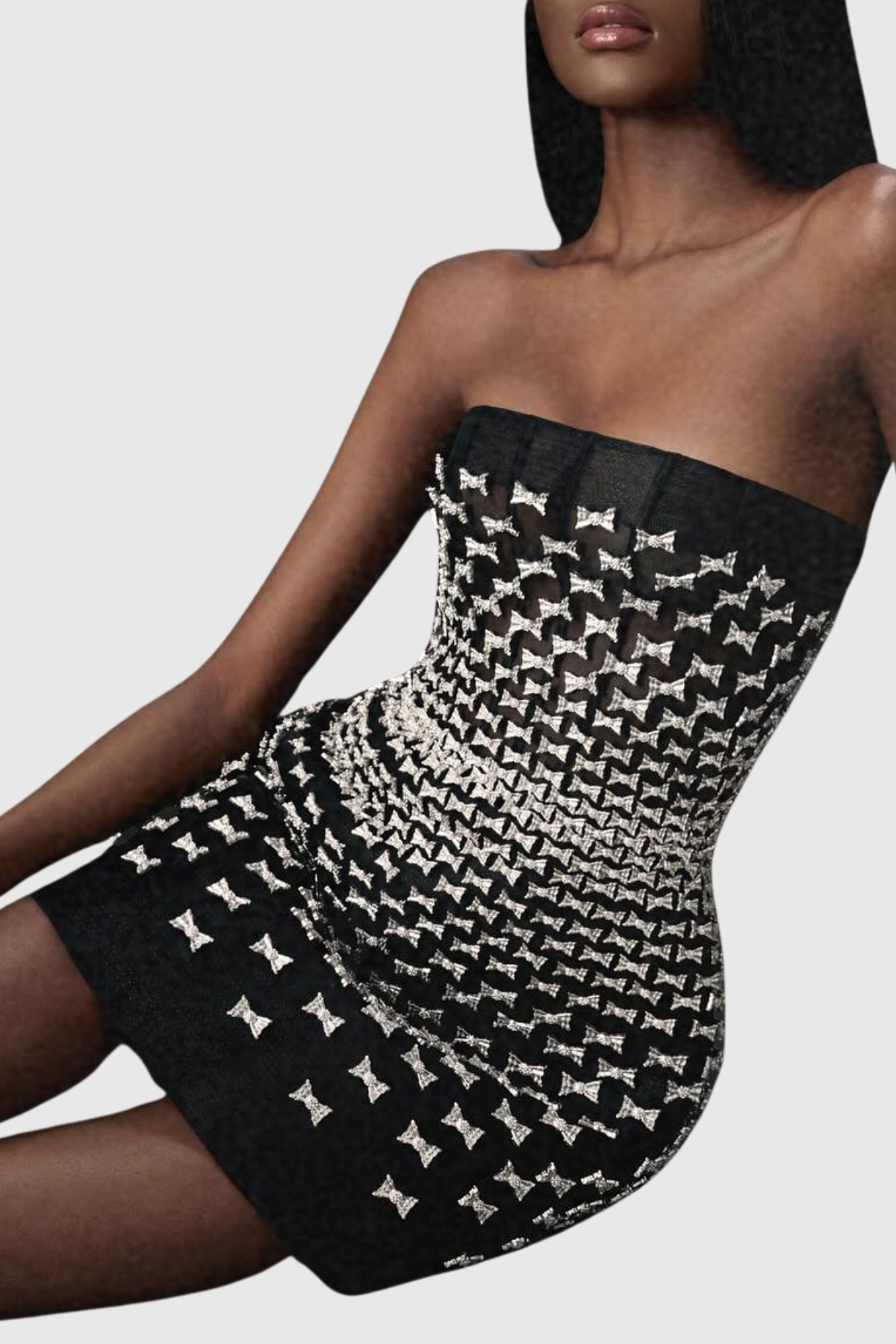 Malefia Bow Crystal Strapless Mini Dress