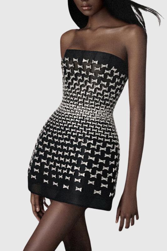 Malefia Bow Crystal Strapless Mini Dress
