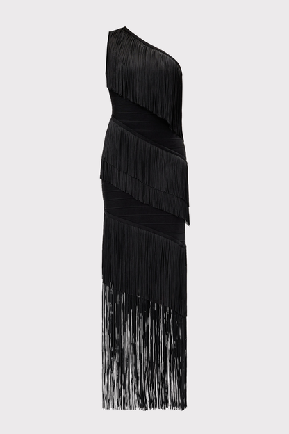 Malik One Shoulder Fringe Maxi Bandage Dress