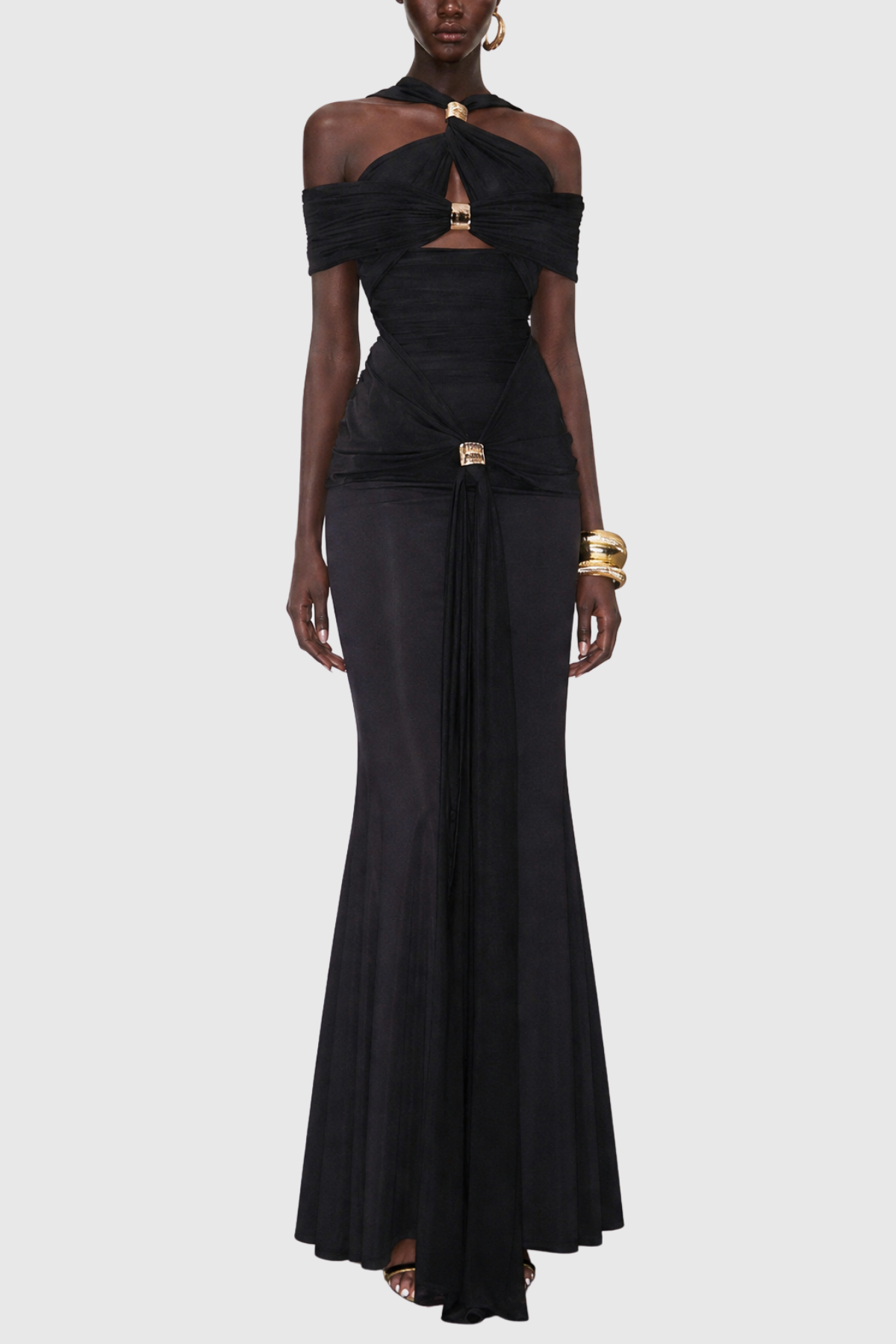 Malinz Off Shoulder Cutout Ruched Maxi Dress - Black