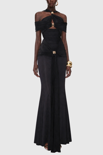 Malinz Off Shoulder Cutout Ruched Maxi Dress - Black