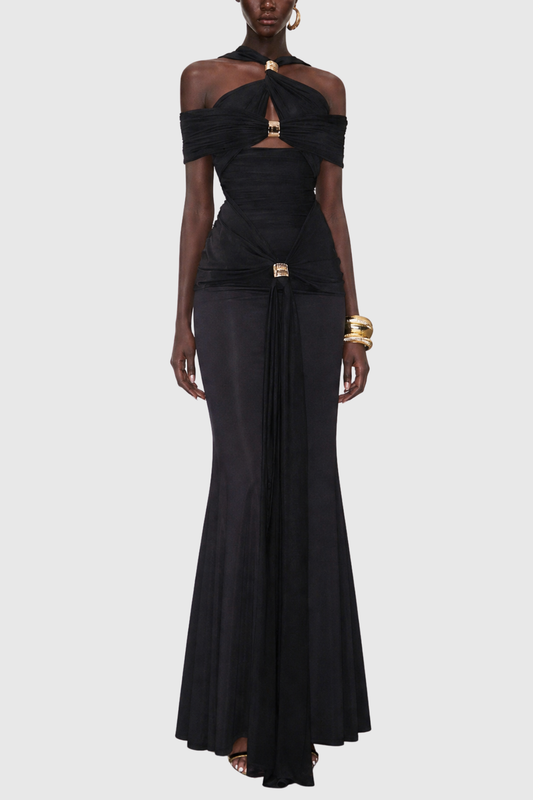 Malinz Off Shoulder Cutout Ruched Maxi Dress - Black