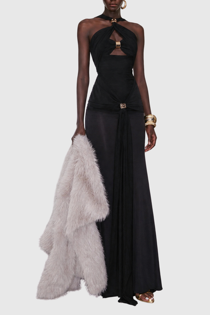 Malinz Off Shoulder Cutout Ruched Maxi Dress - Black