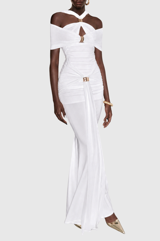 Malinz Off Shoulder Cutout Ruched Maxi Dress - White